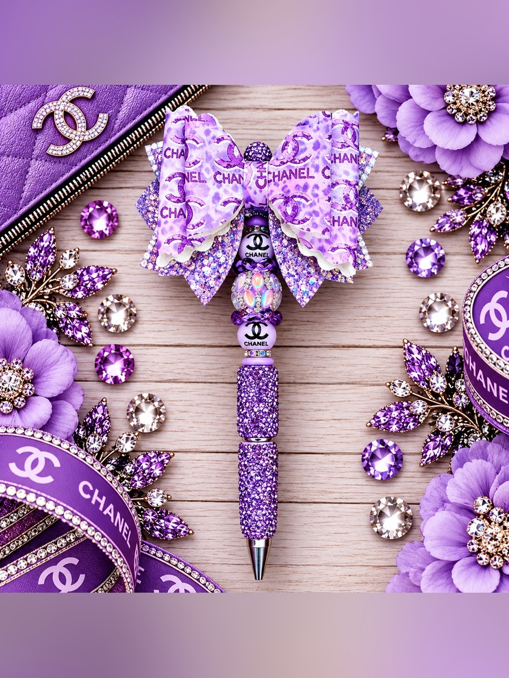 Fashion CC Purple Bow Rhinestone Beaded Twist Pen